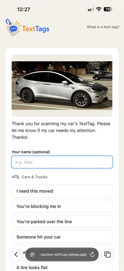 Scanner's screen after scanning a car's TextTag, with premade messages like 'You're blocking me in'