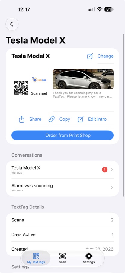 Tag detail screen showing a QR code, intro card, share options, and conversations